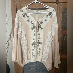 gimmicks by BKE Cream and Taupe Embroidered Lace Tie-Front Tunic